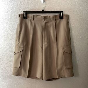 WfF silk cargo dress shorts zip fly Single front Pleat in taupe